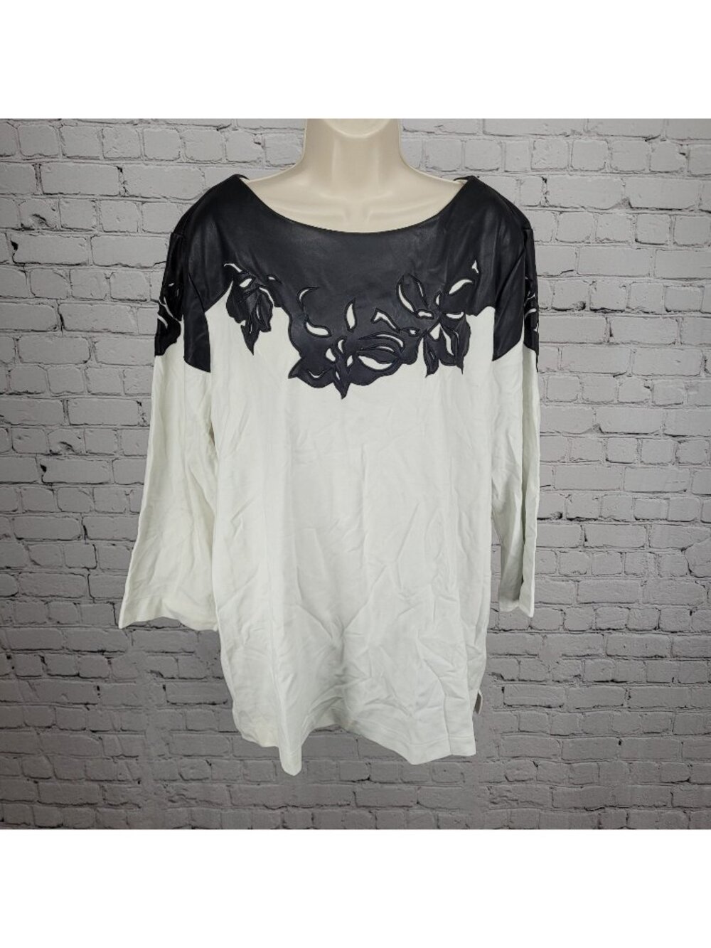 Chico's Black White Faux Leather Accent Stretch 3/4 Sleeve Top 4 US XXL